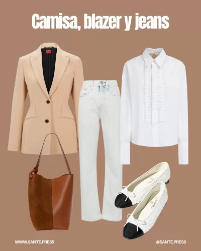 Conjunto de camisa estructurada, blazer entallado y jeans, ideal para reuniones y salidas casuales, combinando formalidad y comodidad.