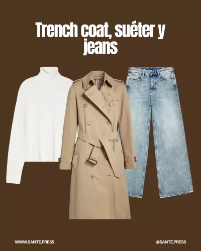 Trench coat elegante sobre suéter y jeans, ideal para un look pulido y versátil en cualquier ocasión.
