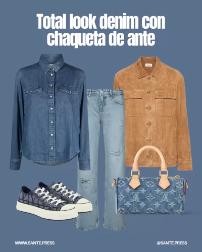 Conjunto de mezclilla con chaqueta de ante, que añade sofisticación y textura a un look casual y en tendencia.