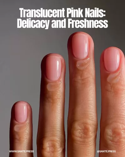 Translucent pink nail polish offers a light, subtle finish, showcasing natural nail color for a delicate spring look.