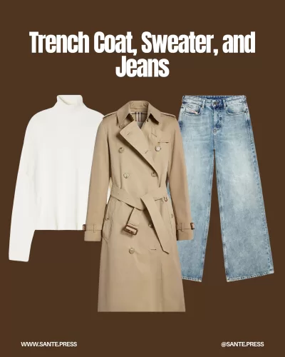 A stylish trench coat elevates a basic sweater and jeans, creating a polished look suitable for any occasion.