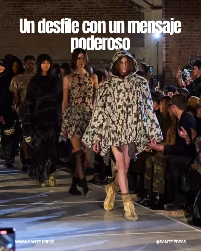 Pasarela blanca con modelos en prendas coloridas; una destaca como Caperucita Roja moderna con vestido-chaqueta floral.