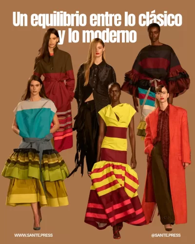 Colección que fusiona elementos icónicos con nuevas propuestas, destacando faldas volumétricas y trajes de sastrería estructurada.