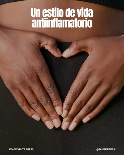 Infografía sobre bienestar: alimentación antiinflamatoria, ejercicio, manejo del estrés, sueño y vitamina D para una vida saludable.