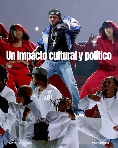 Lamar y bailarines en rojo, blanco y azul transmiten un mensaje simbólico en un espectáculo de Super Bowl con invitados especiales.