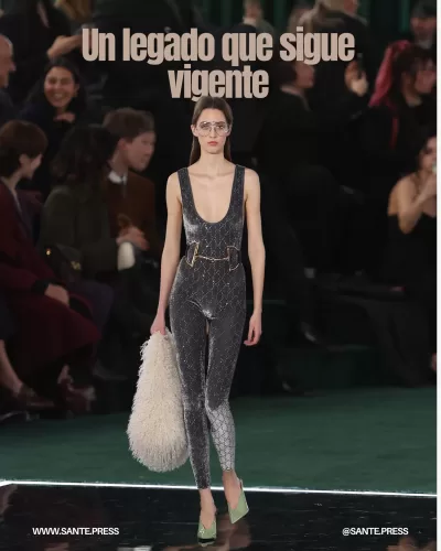 Imagen que muestra la evolución de Gucci, destacando vestidos de lentejuelas y mocasines con el logo de la doble G.