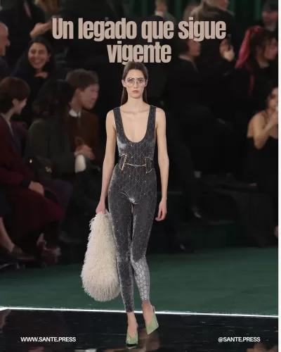 Imagen que muestra la evolución de Gucci, destacando vestidos de lentejuelas y mocasines con el logo de la doble G.