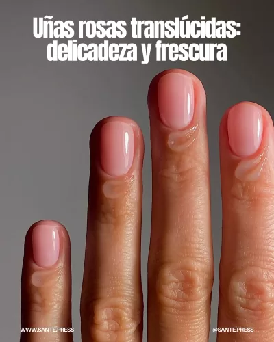Esmalte de uñas en tonos rosas translúcidos, ideal para un acabado ligero y sutil, perfecto para la primavera.