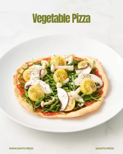A healthy vegetable pizza with whole wheat crust, tomato sauce, zucchini, red pepper, spinach, and low-fat mozzarella cheese.