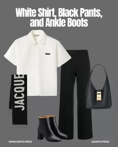 A white shirt paired with structured black pants, a bold scarf, ankle boots, and a unique bag for a classic-modern look.