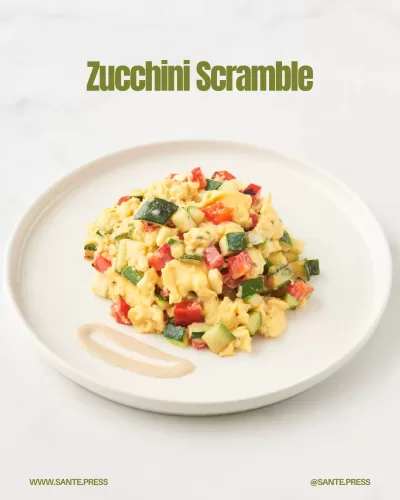 A zucchini scramble featuring eggs and garlic, perfect for a light meal, high in protein and fiber, and low in calories.