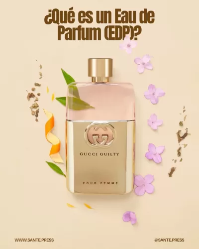 Eau de Parfum con 15-20% de aceites esenciales, fragancia intensa y duradera, ideal para ocasiones especiales y climas fríos.
